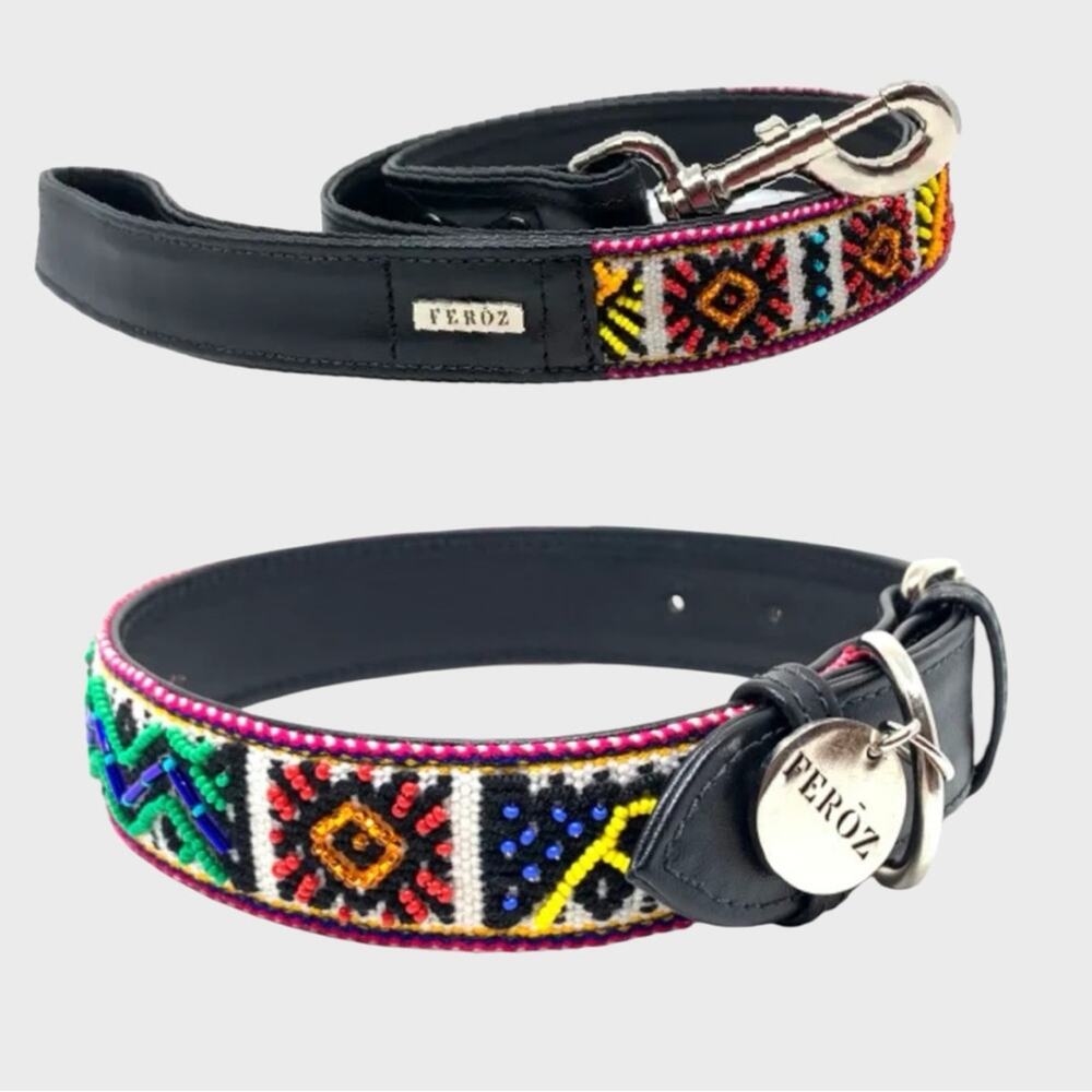 FEROZ Faux Leather Boho Black and Multicolor Beaded Dog Collar & Leash Set L/XL